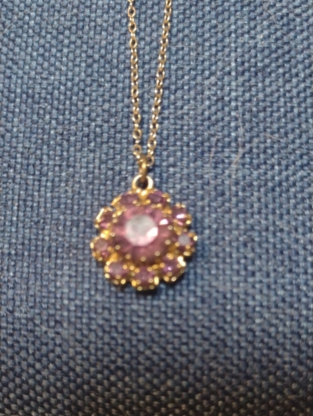 Vintage Gold-Tone Pink Crystal Flower Pendant Necklace